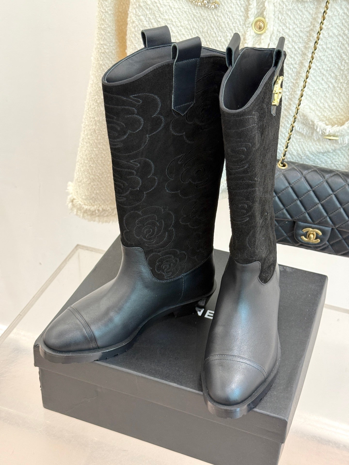 CC cowboy mid-calf boots black sheepskin suede 511984