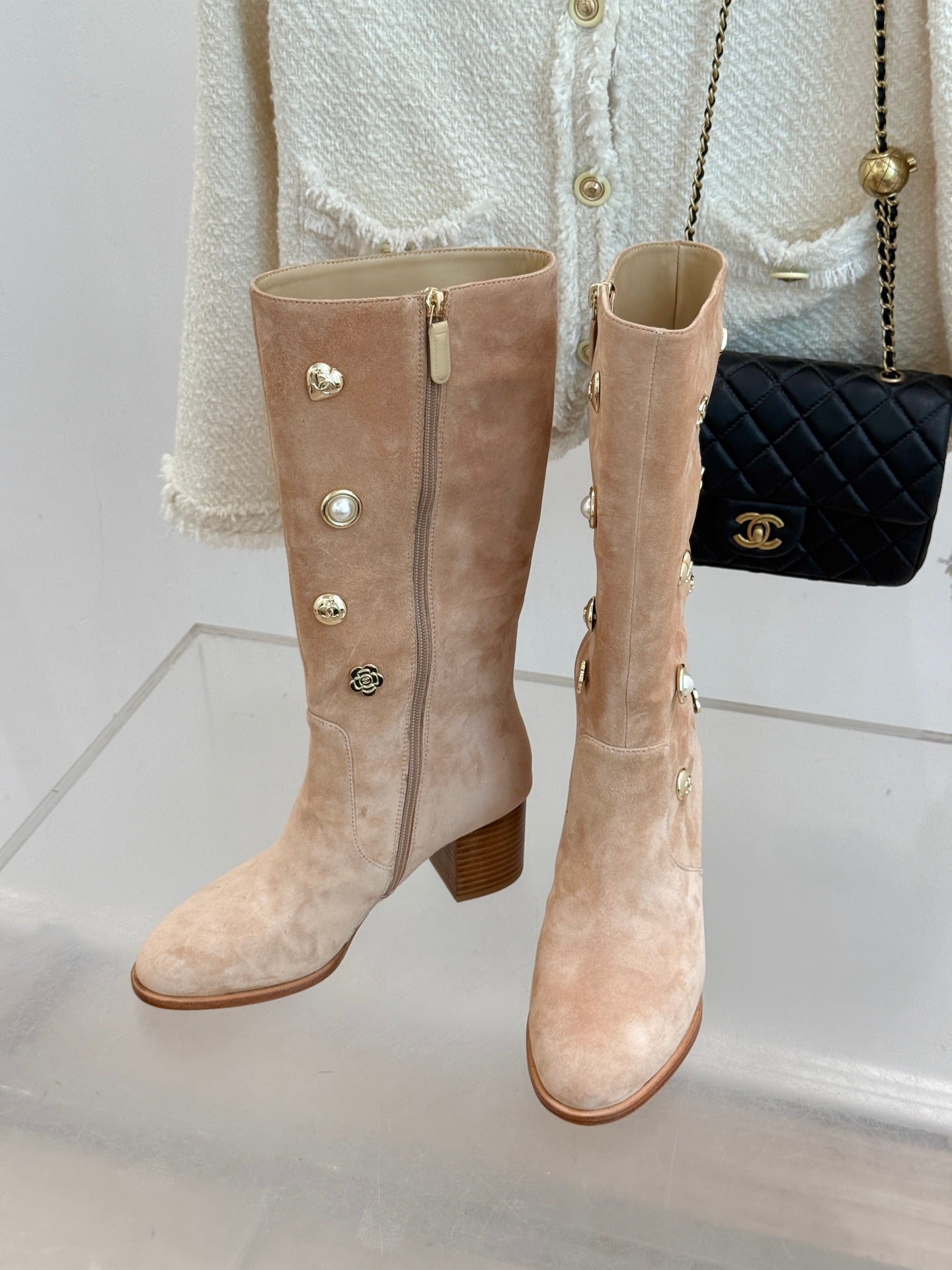 CC High Heel Boots Beige Suede Mix Charm 512033