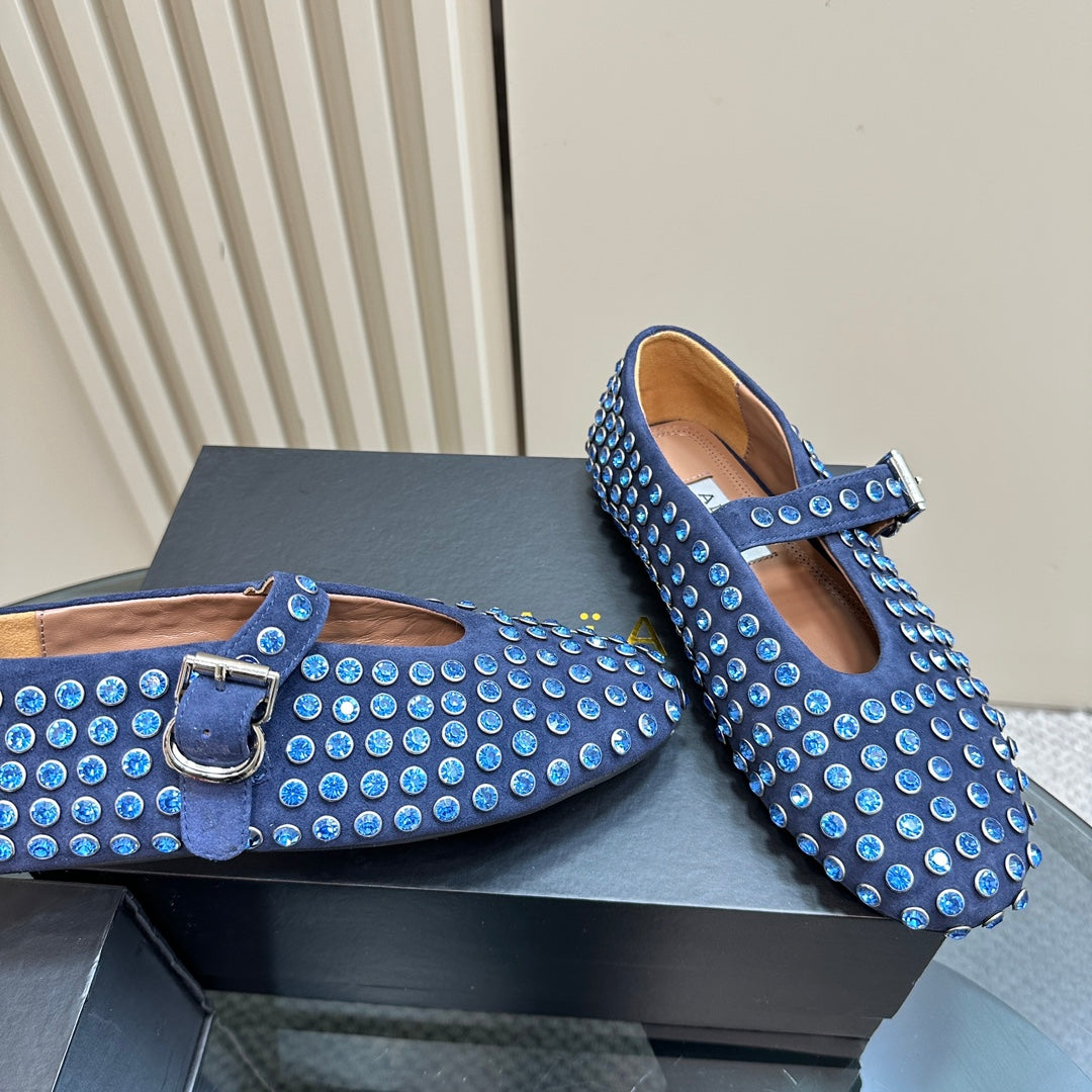 Alaia Strass Suede Ballet Flats In Dark Blue 999320
