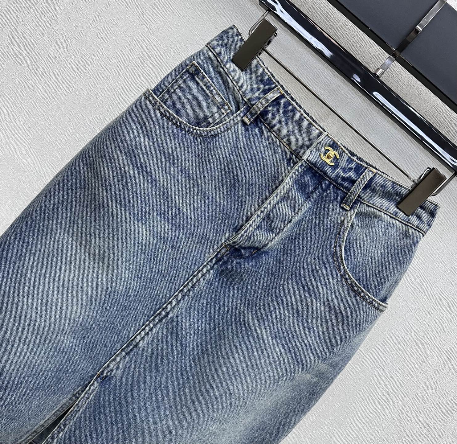Chanel 2026 Patchwork Denim Midi Skirt Blue Cotton 363947