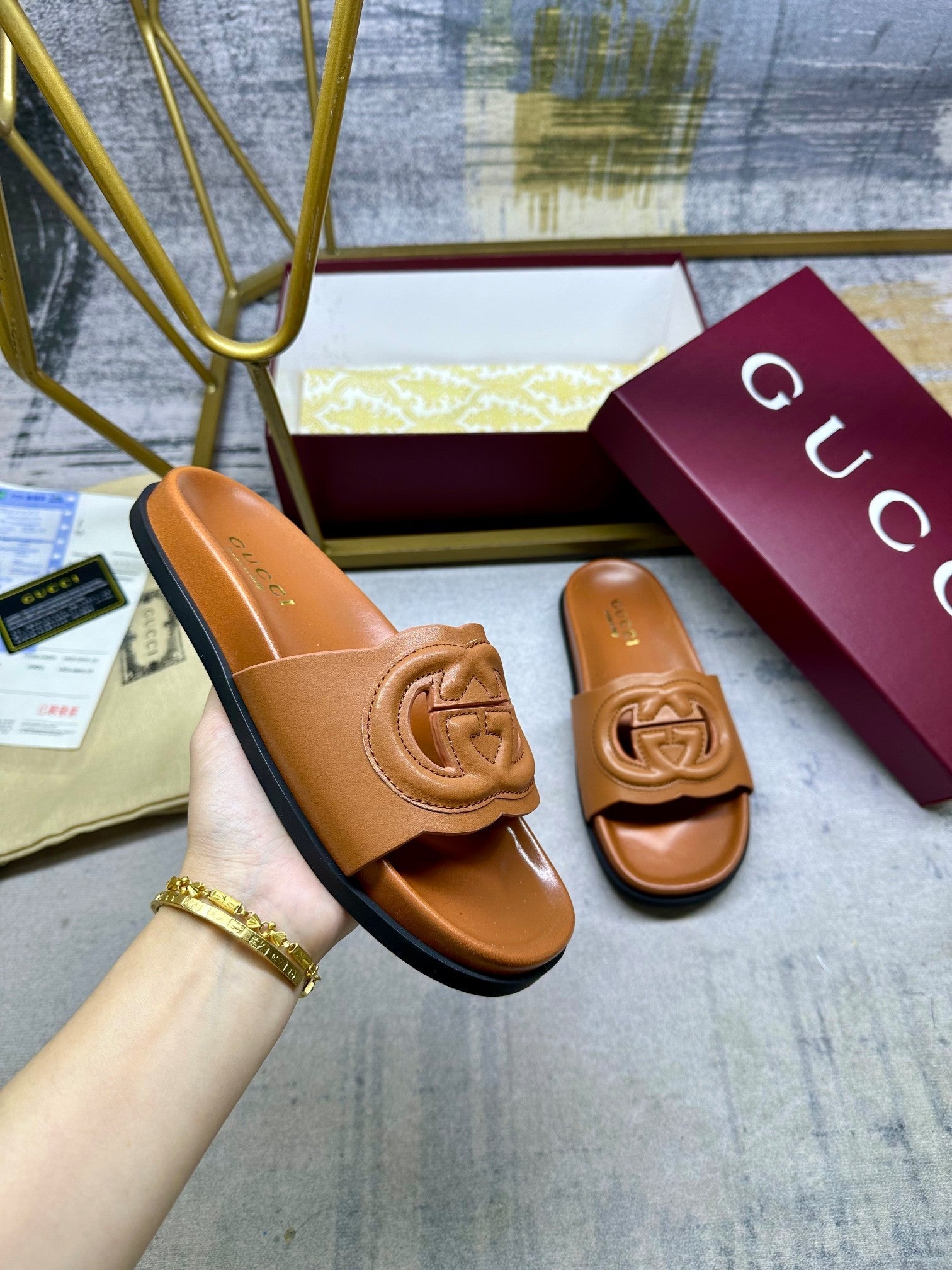 GG Slippers Caramel Brown Leather 235099