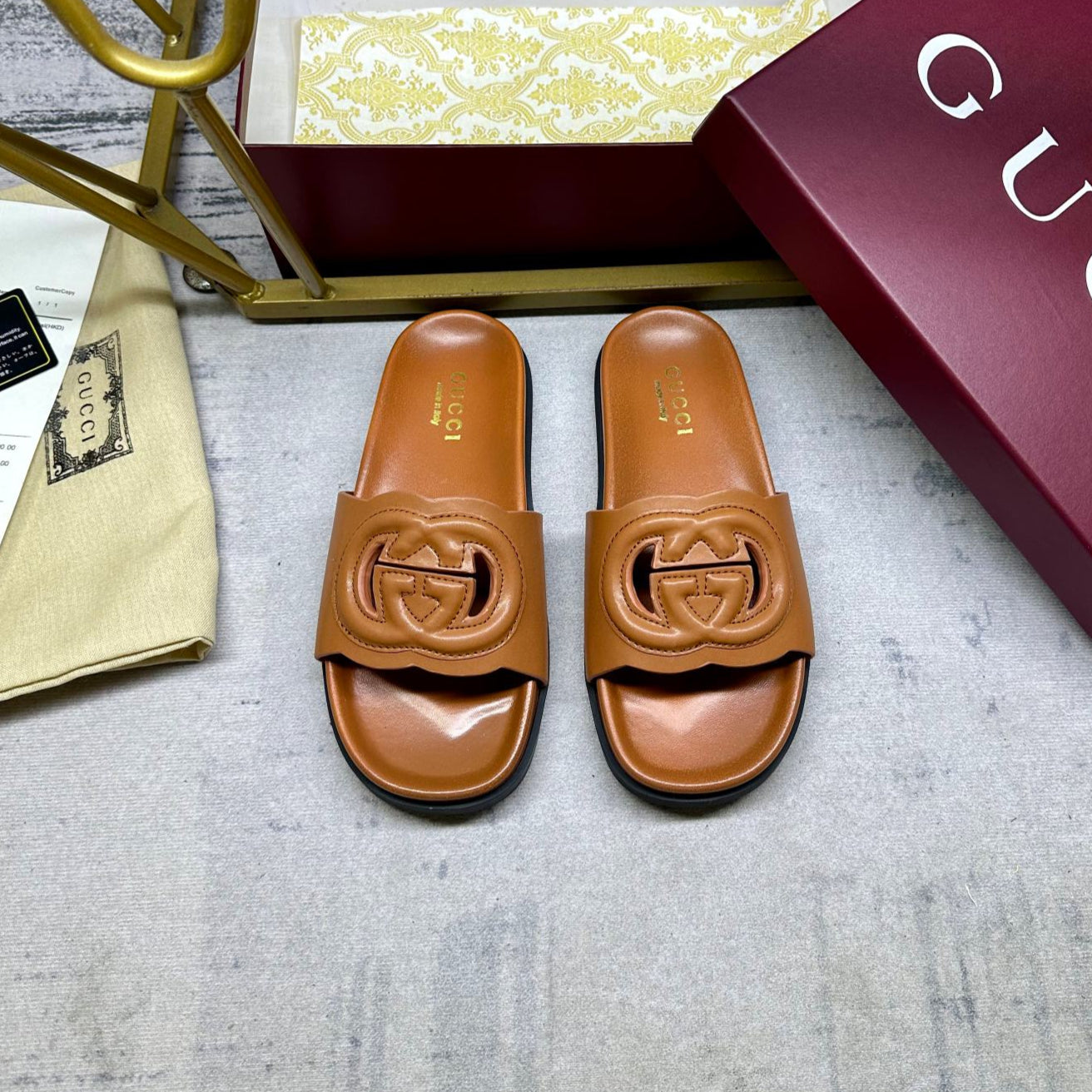GG Slippers Caramel Brown Leather 235099