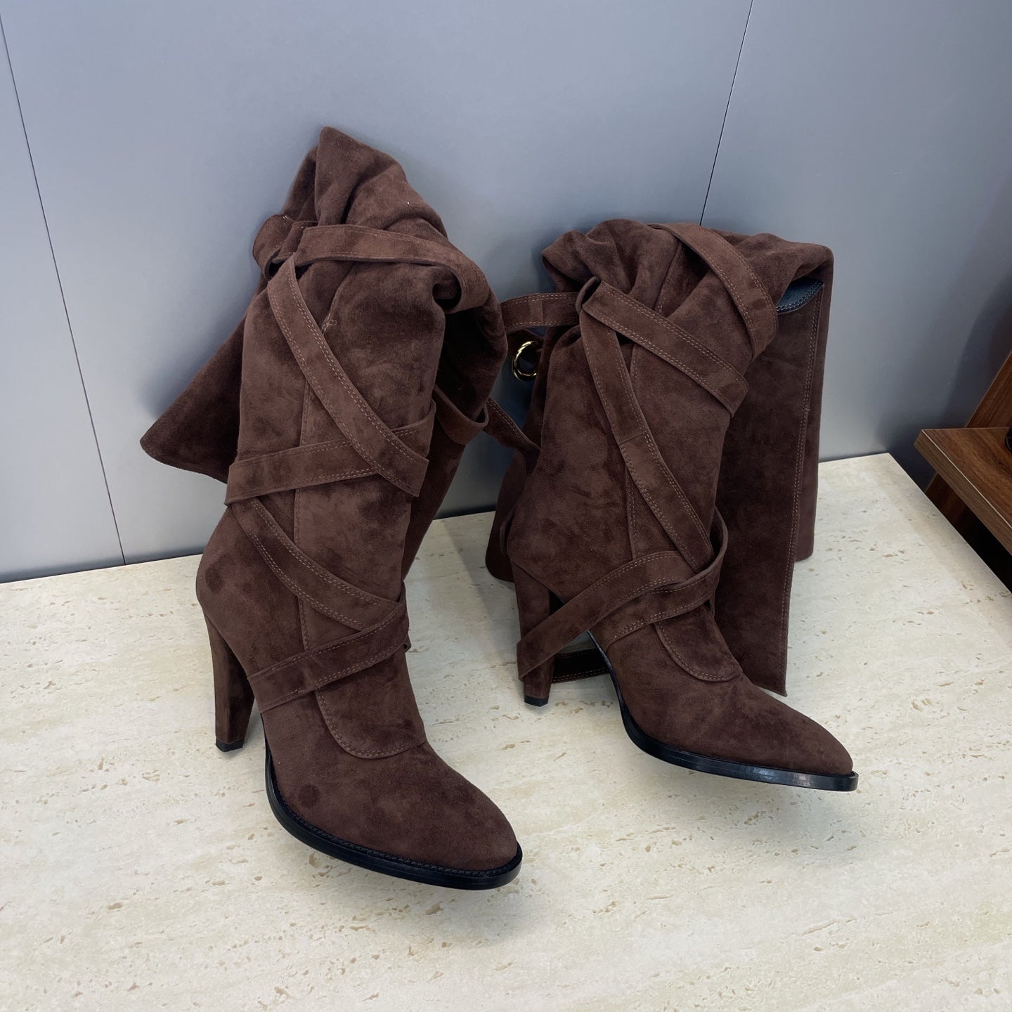 YSL 2025  Chunky Heel Pointed Toe Over-the-Knee Rider Boot Brown Suede 574019