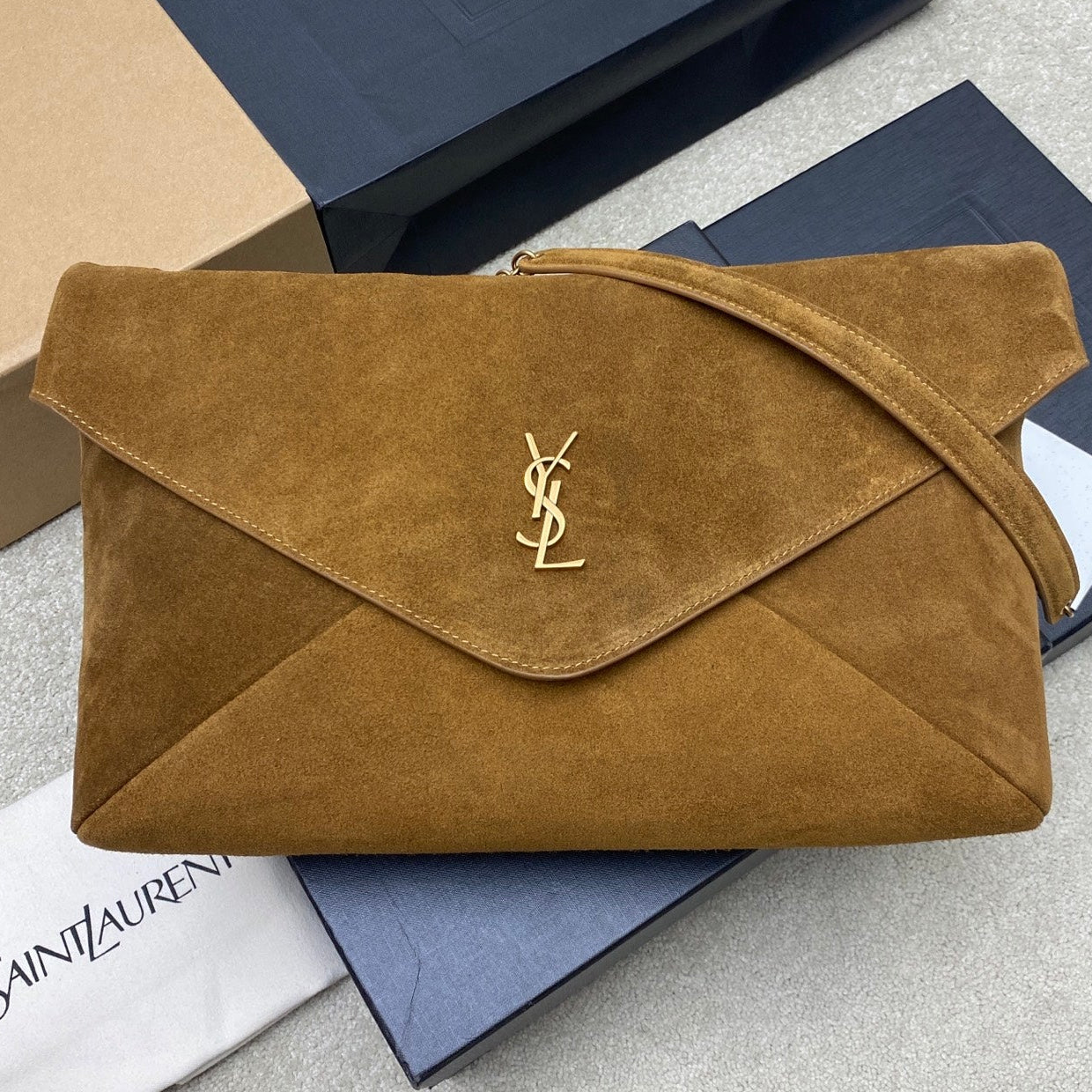 YSL 2026 Cassandre Large Pouch on Chain 35cm Brown Suede