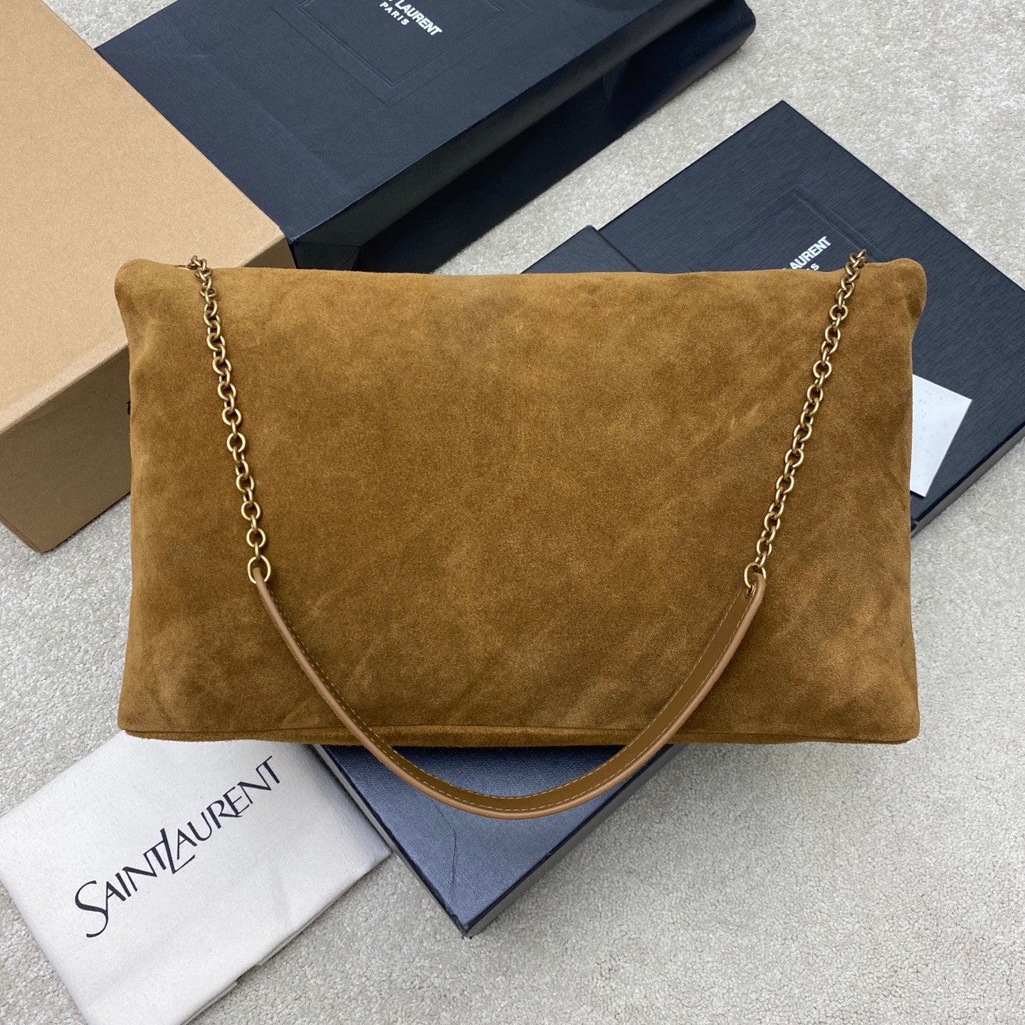 YSL 2026 Cassandre Large Pouch on Chain 35cm Brown Suede