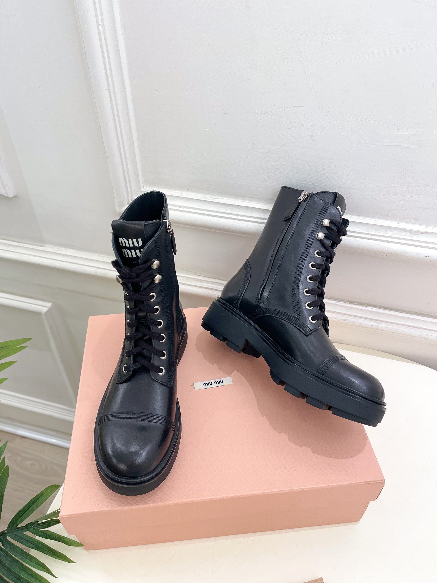 Miu Laced Booties Black Calfskin