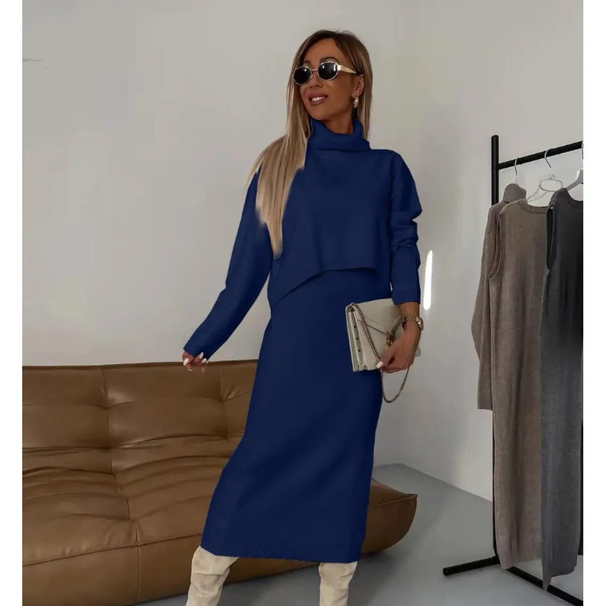 Two-Piece Set with Turtleneck Blouse & Midi Dress #VEV34969