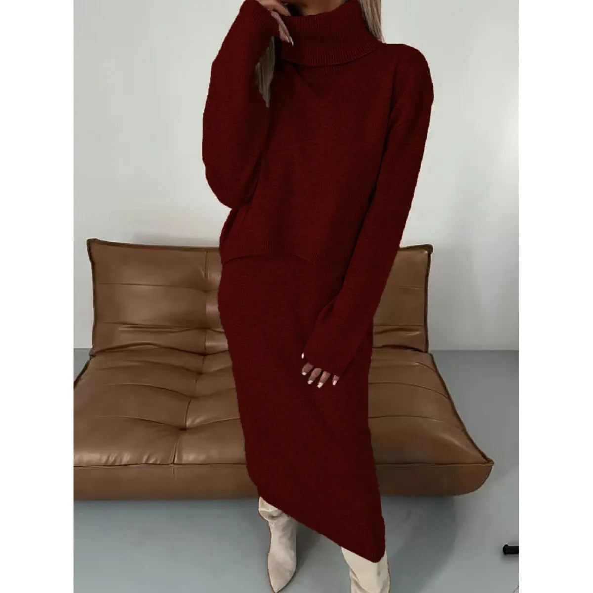 Two-Piece Set with Turtleneck Blouse & Midi Dress #VEV34969