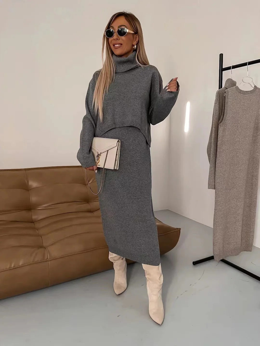 Two-Piece Set with Turtleneck Blouse & Midi Dress #VEV34969